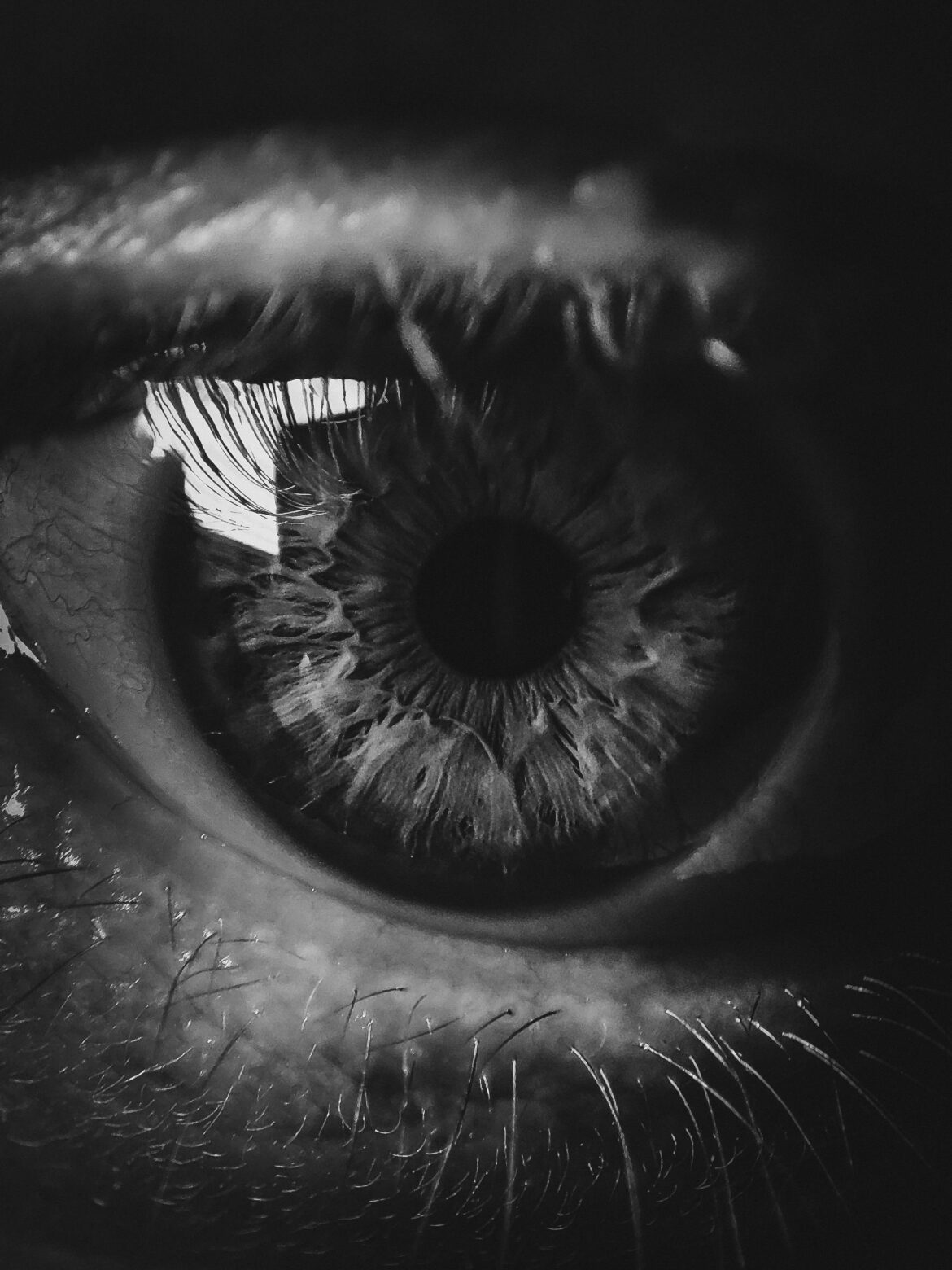 Captivating black and white close-up of a human eye, emphasizing texture and detail.